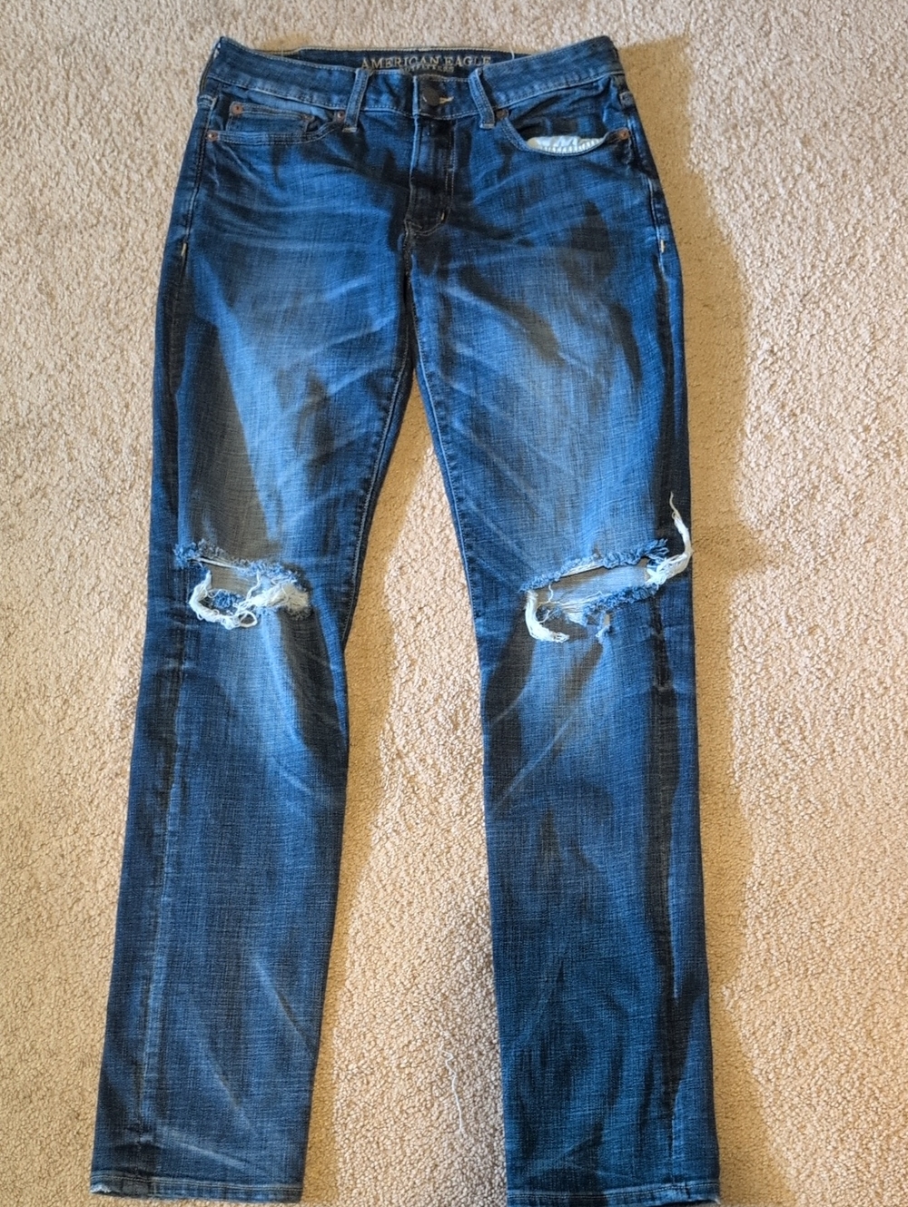 American Eagle Outfitters Men's Dark Blue Distressed Slim Jeans